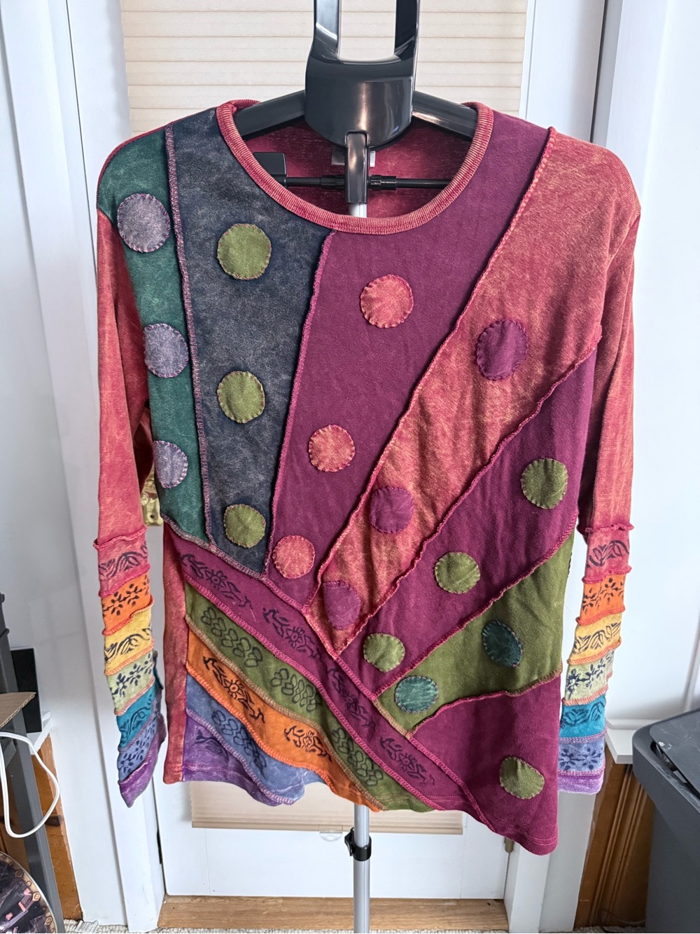 Y2K Rainbow Floral Patchwork Boho Hippie Long Sleeve Shirt multicolor stitched